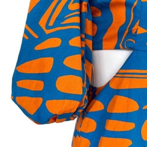 Alexis Bodhi Indigo Blue Orange Puff Sleeve Cut Out Mini Dress Size M - Picture 7 of 11